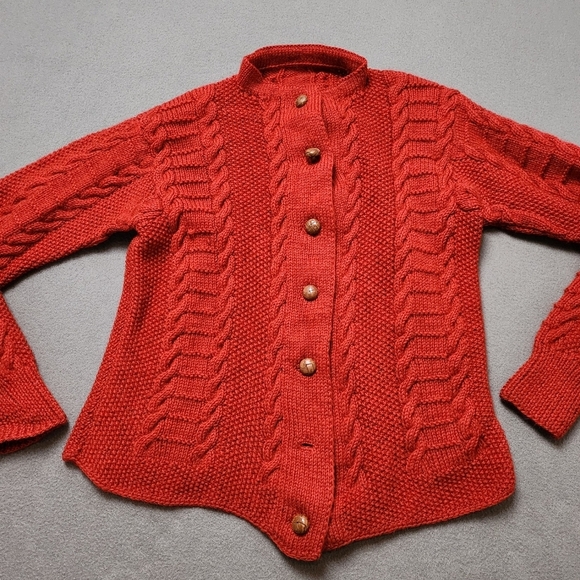 Hand Knit Cable Knit Wool Cardigan Sweater Cardigan Hand Knit Vtg - Picture 4 of 15